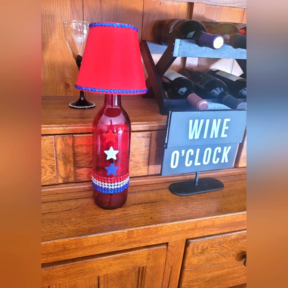 Red Wine Bottle Lamp with Blue Accents Hand Crafted